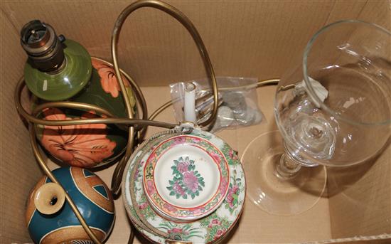 A Moorcroft lamp base, a Satsuma vase, a Chinese teapot and a glass
